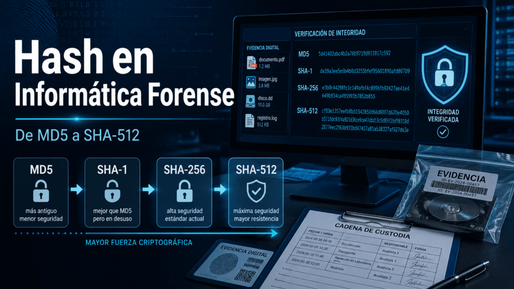 Hash en Informática Forense: Uso de MD5, SHA-1, SHA-256 y SHA-512 en Evidencia Digital